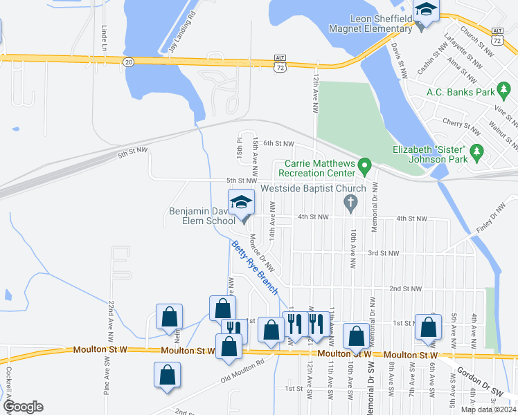 map of restaurants, bars, coffee shops, grocery stores, and more near 504 Monroe Drive Northwest in Decatur