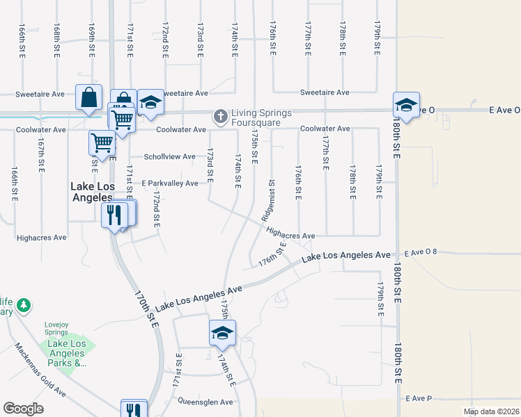 map of restaurants, bars, coffee shops, grocery stores, and more near 40127 Ridgemist Street in Palmdale