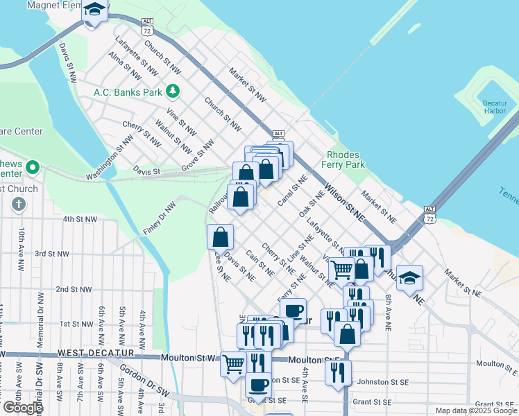 map of restaurants, bars, coffee shops, grocery stores, and more near 602 Canal Street Northeast in Decatur