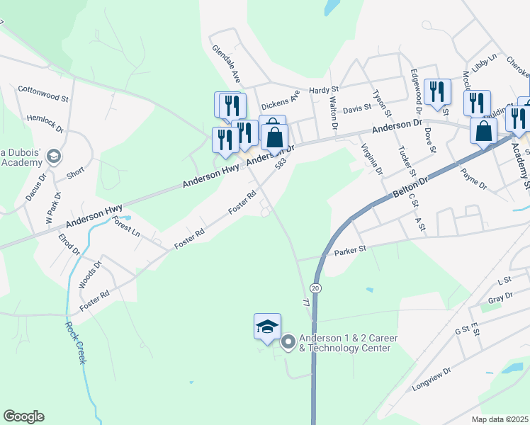 map of restaurants, bars, coffee shops, grocery stores, and more near 65 State Road S-4-77 in Williamston