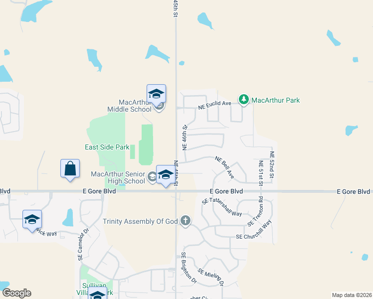 map of restaurants, bars, coffee shops, grocery stores, and more near 203 Northeast 46th Street in Lawton