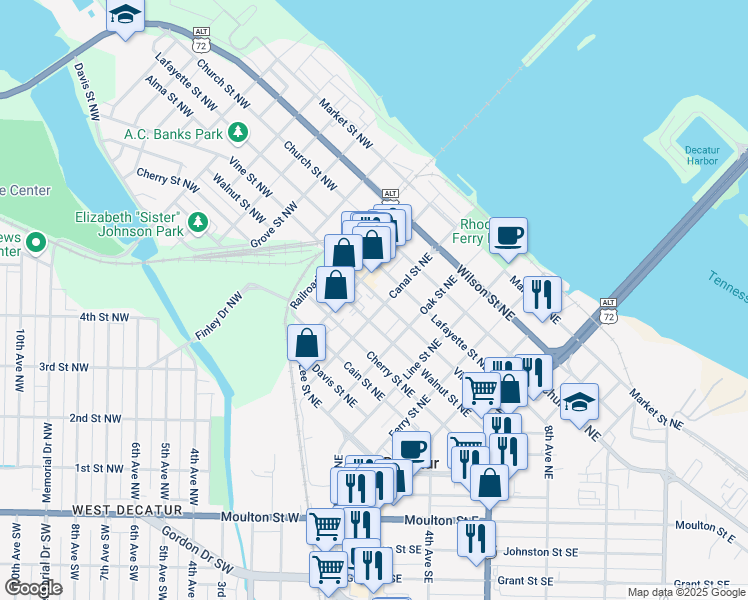 map of restaurants, bars, coffee shops, grocery stores, and more near 602 Canal Street Northeast in Decatur
