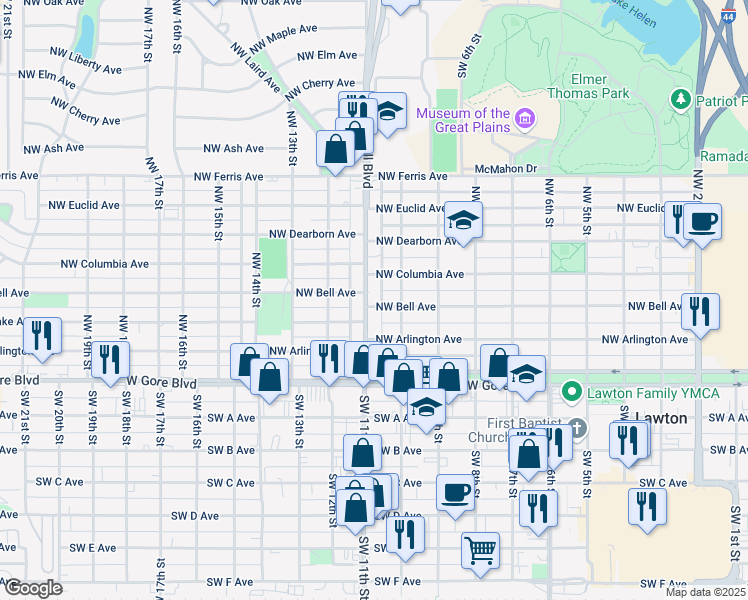 map of restaurants, bars, coffee shops, grocery stores, and more near 201 Northwest Fort Sill Boulevard in Lawton