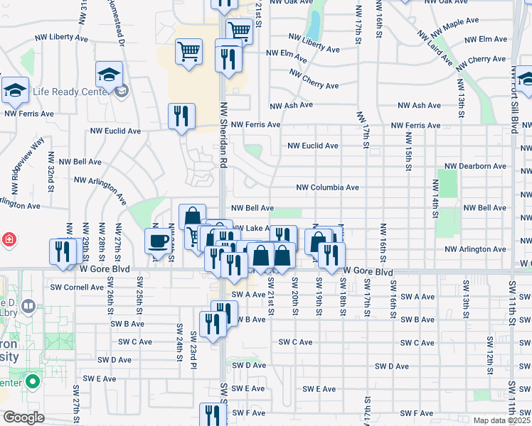 map of restaurants, bars, coffee shops, grocery stores, and more near 210 Northwest Morford Drive in Lawton