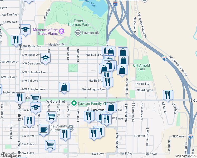 map of restaurants, bars, coffee shops, grocery stores, and more near 306 Northwest Bell Avenue in Lawton
