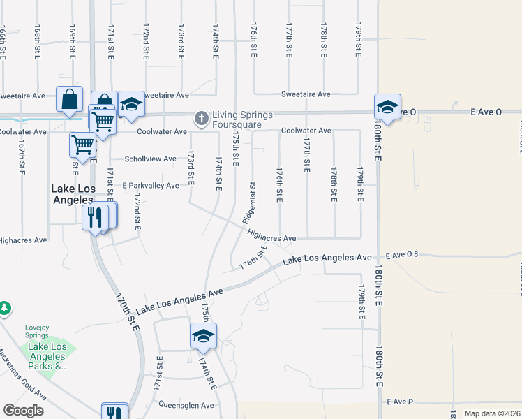 map of restaurants, bars, coffee shops, grocery stores, and more near 40117 176th Street East in Palmdale