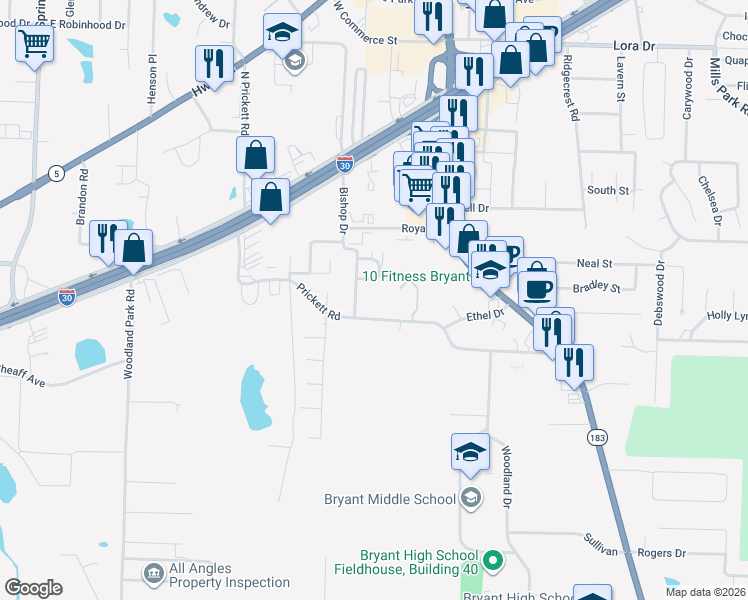 map of restaurants, bars, coffee shops, grocery stores, and more near 731 Prickett Road in Bryant