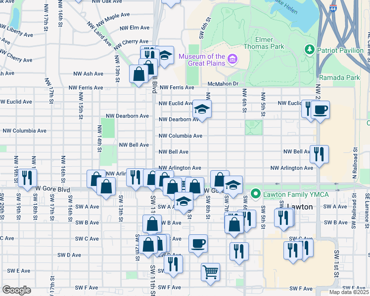 map of restaurants, bars, coffee shops, grocery stores, and more near 903 Northwest Bell Avenue in Lawton
