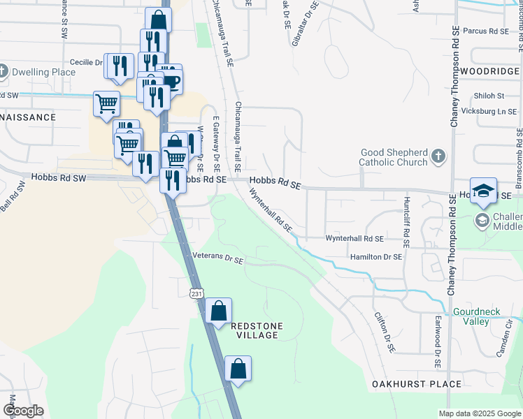 map of restaurants, bars, coffee shops, grocery stores, and more near 2743 Wynterhall Road Southeast in Huntsville