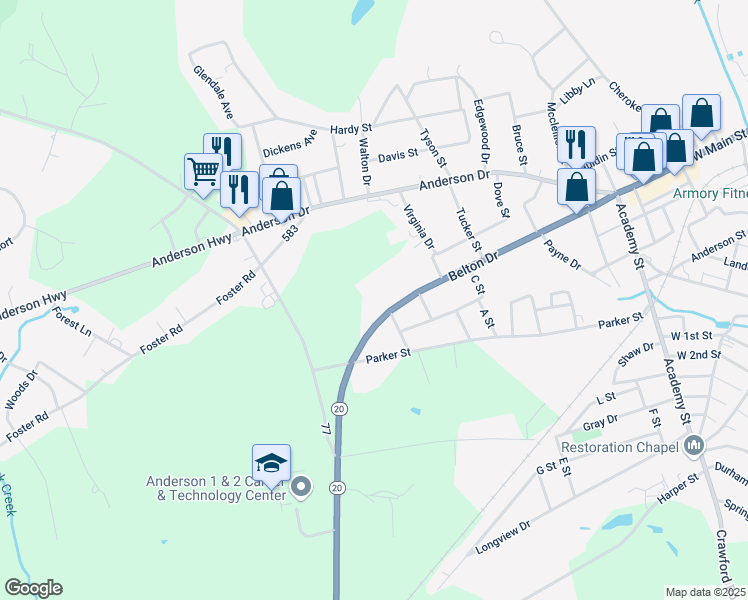 map of restaurants, bars, coffee shops, grocery stores, and more near 416 Belton Drive in Williamston