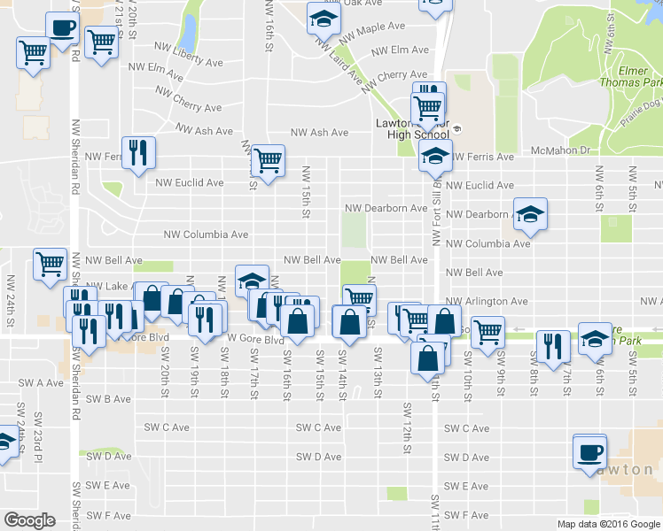 map of restaurants, bars, coffee shops, grocery stores, and more near 1411 Northwest Lake Avenue in Lawton
