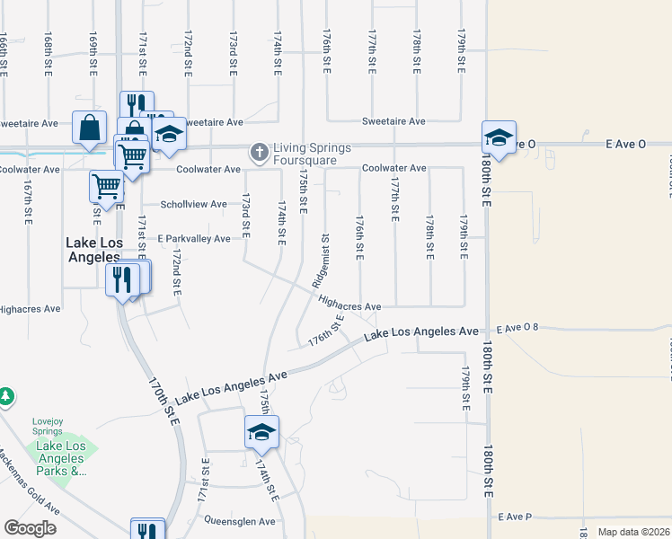 map of restaurants, bars, coffee shops, grocery stores, and more near 40140 Ridgemist Street in Lake Los Angeles