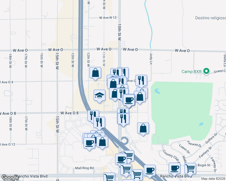 map of restaurants, bars, coffee shops, grocery stores, and more near 40125 10th Street West in Palmdale