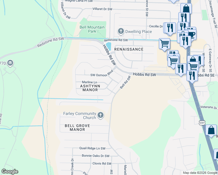 map of restaurants, bars, coffee shops, grocery stores, and more near 2501 Slate Drive Southwest in Huntsville