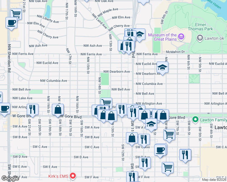 map of restaurants, bars, coffee shops, grocery stores, and more near 1212 Northwest Bell Avenue in Lawton