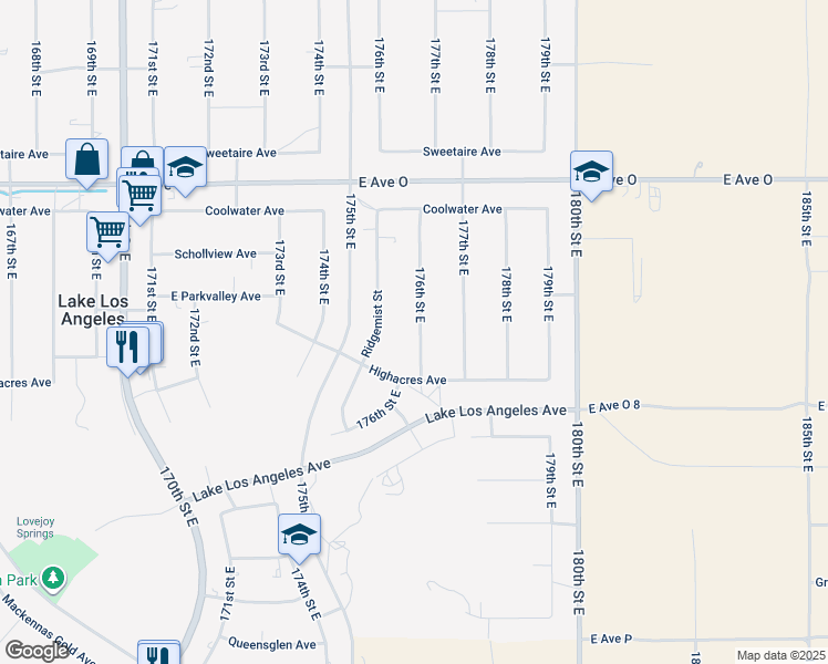 map of restaurants, bars, coffee shops, grocery stores, and more near 40155 176th Street East in Palmdale