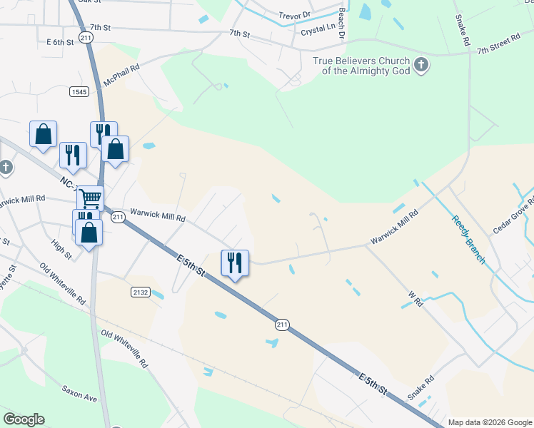 map of restaurants, bars, coffee shops, grocery stores, and more near 84 Maxwell Road in Lumberton