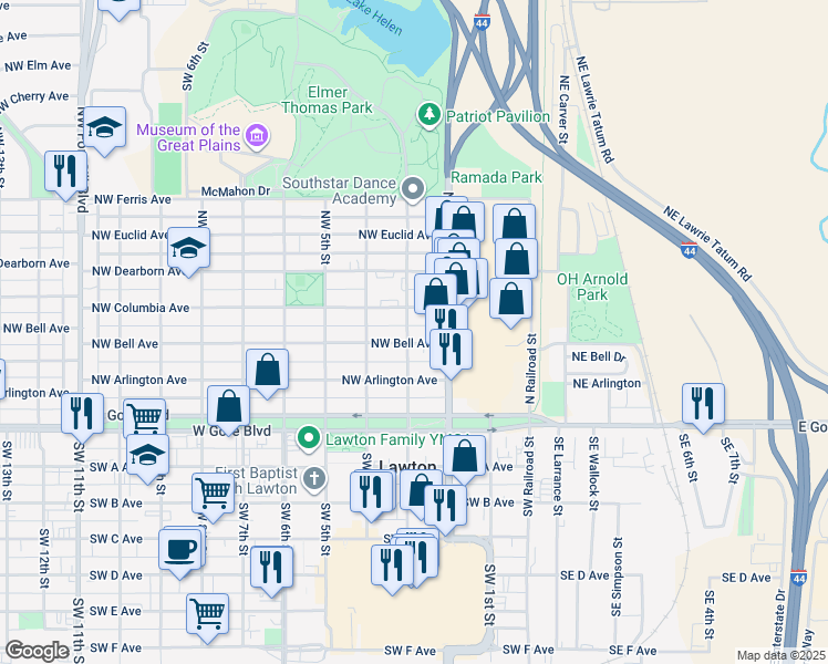 map of restaurants, bars, coffee shops, grocery stores, and more near 306 Northwest Columbia Avenue in Lawton