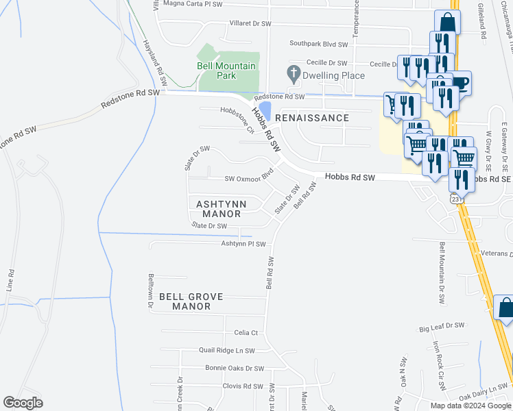map of restaurants, bars, coffee shops, grocery stores, and more near 2508 Marjorie Lane Southwest in Huntsville