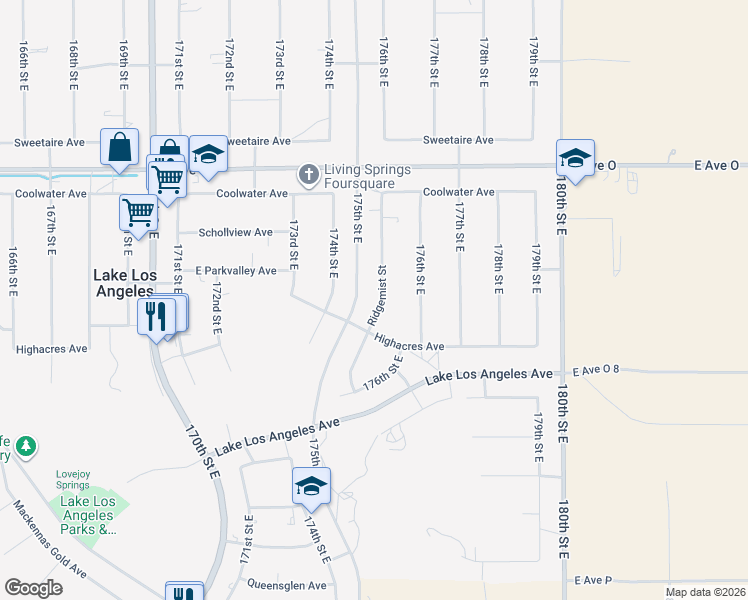 map of restaurants, bars, coffee shops, grocery stores, and more near 40165 Ridgemist Street in Palmdale