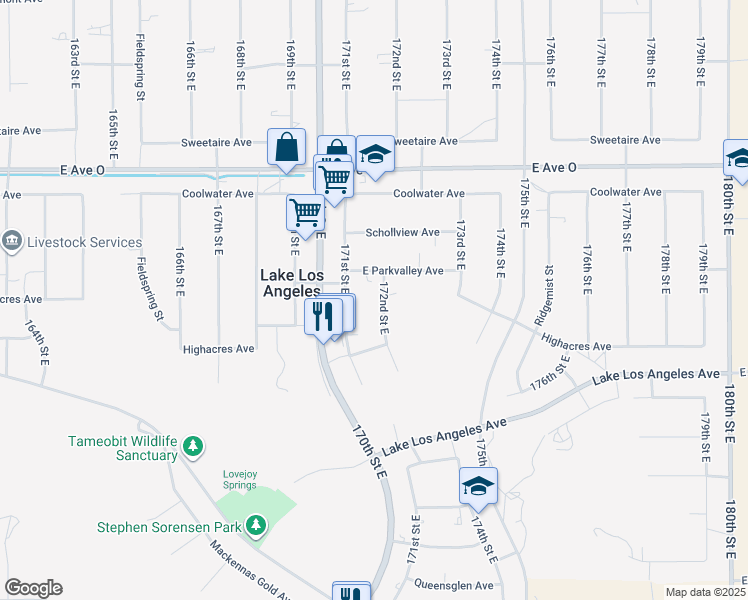 map of restaurants, bars, coffee shops, grocery stores, and more near 40155 172nd Street East in Palmdale