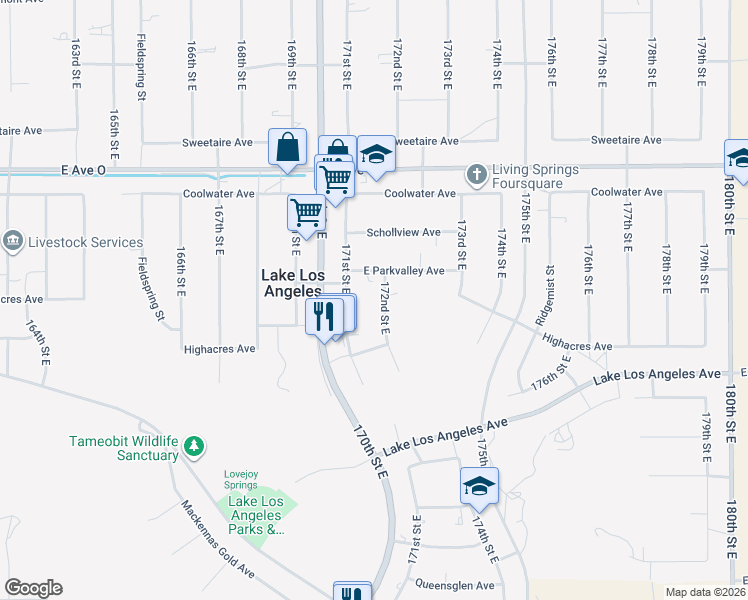 map of restaurants, bars, coffee shops, grocery stores, and more near 40155 172nd Street East in Palmdale