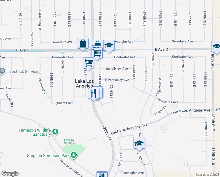 map of restaurants, bars, coffee shops, grocery stores, and more near 40155 172nd Street East in Palmdale