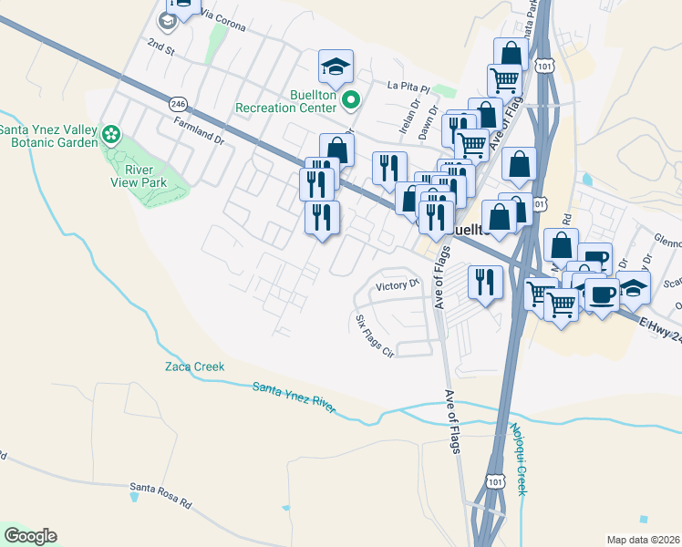 map of restaurants, bars, coffee shops, grocery stores, and more near 140 Industrial Way in Buellton