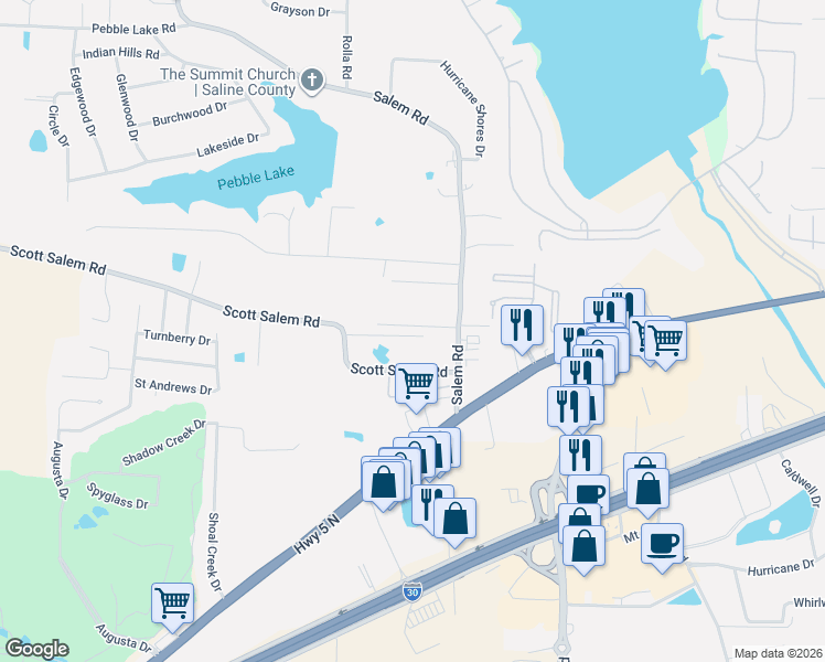 map of restaurants, bars, coffee shops, grocery stores, and more near 3829 Salem Road in Benton