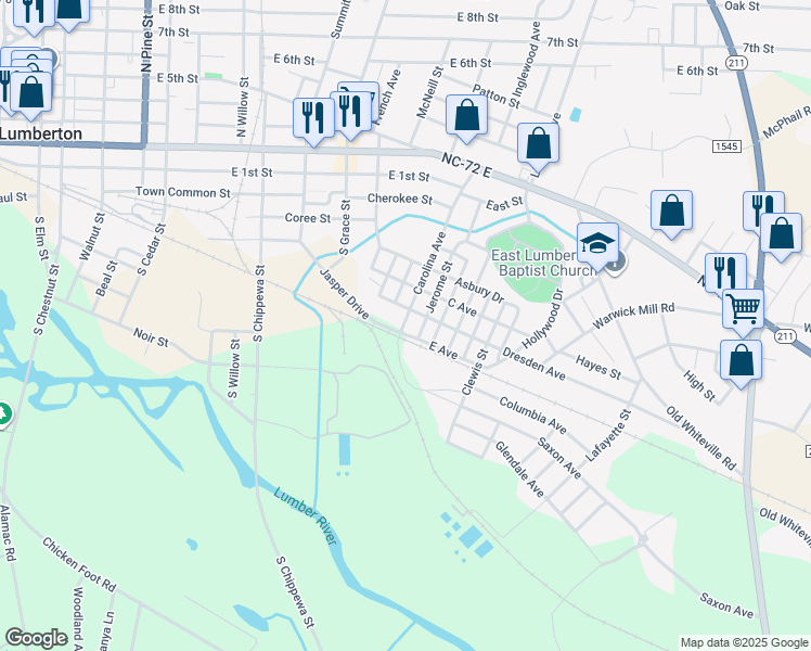map of restaurants, bars, coffee shops, grocery stores, and more near Dresden Avenue in Lumberton