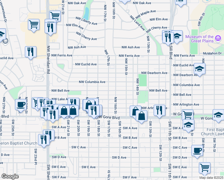 map of restaurants, bars, coffee shops, grocery stores, and more near 1610 Northwest Columbia Avenue in Lawton
