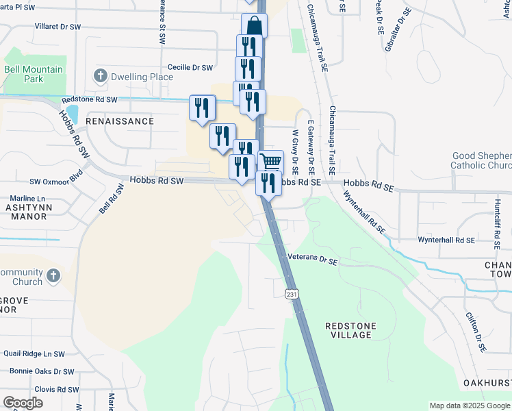 map of restaurants, bars, coffee shops, grocery stores, and more near 11920 Memorial Parkway Southwest in Huntsville