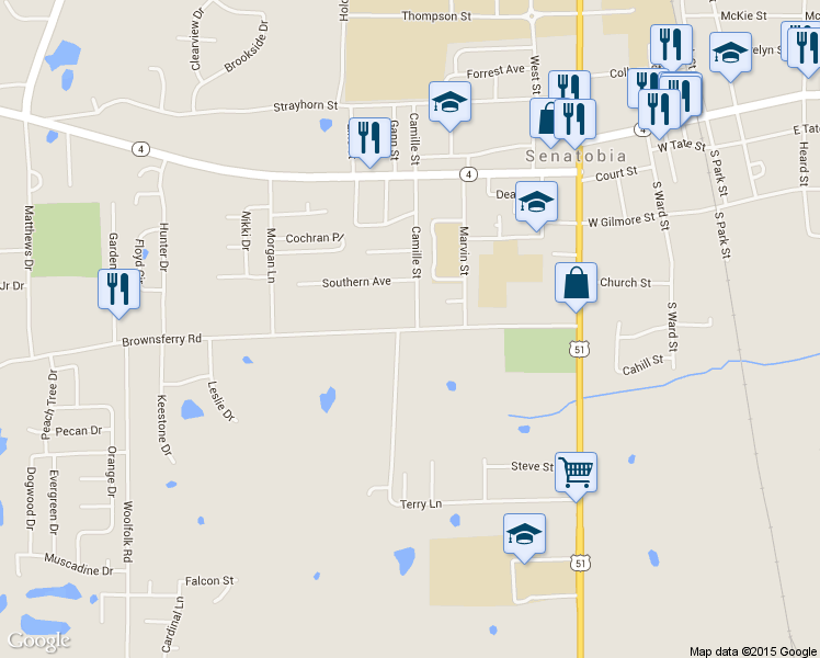 map of restaurants, bars, coffee shops, grocery stores, and more near 522 Browns Ferry Road in Senatobia