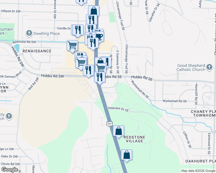 map of restaurants, bars, coffee shops, grocery stores, and more near 205 Marinawoods Drive Southeast in Huntsville