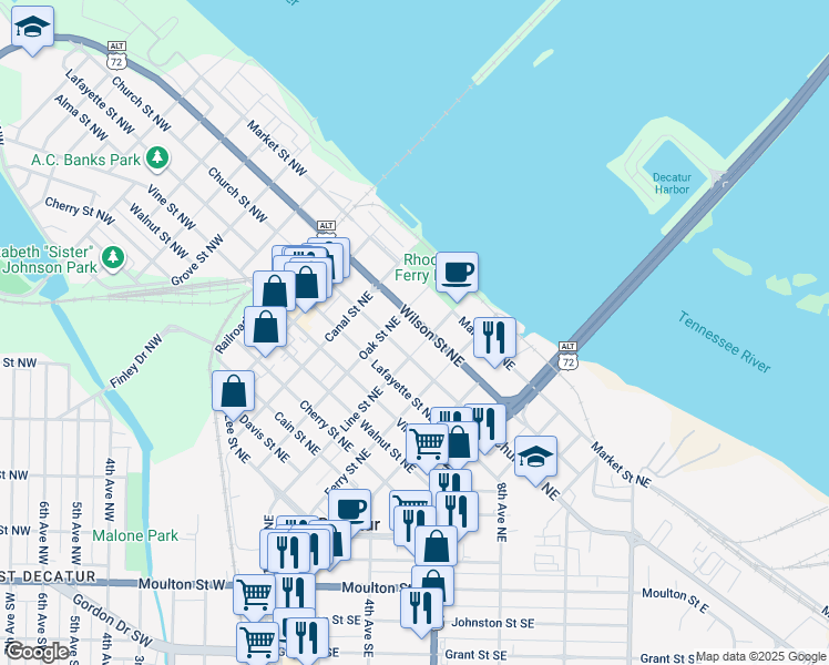 map of restaurants, bars, coffee shops, grocery stores, and more near 213 Wilson Street Northeast in Decatur