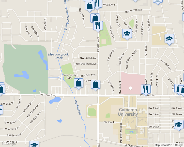 map of restaurants, bars, coffee shops, grocery stores, and more near 3806 Northwest Columbia Avenue in Lawton