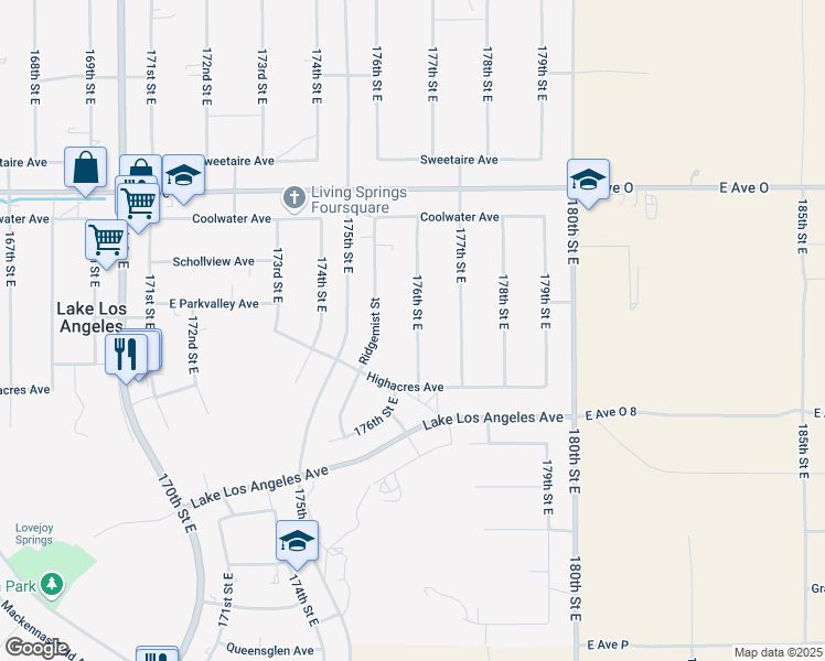 map of restaurants, bars, coffee shops, grocery stores, and more near 40185 176th Street East in Palmdale