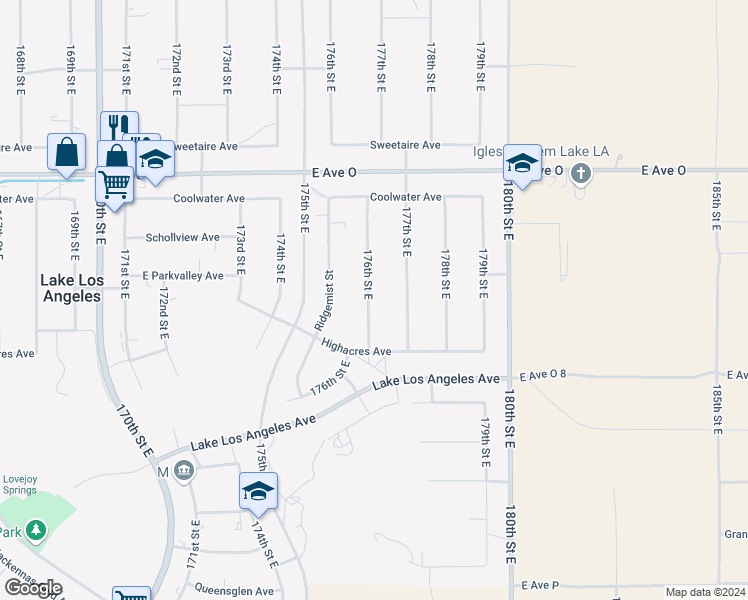 map of restaurants, bars, coffee shops, grocery stores, and more near 40162 176th Street East in Palmdale