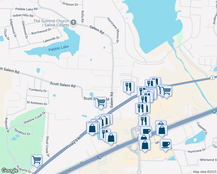 map of restaurants, bars, coffee shops, grocery stores, and more near 3829 Salem Road in Benton