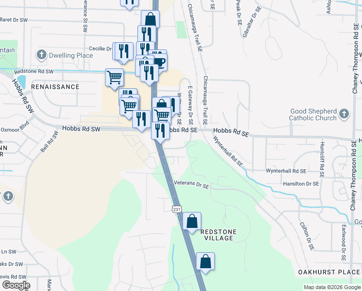 map of restaurants, bars, coffee shops, grocery stores, and more near 205 Marinawoods Drive Southeast in Huntsville