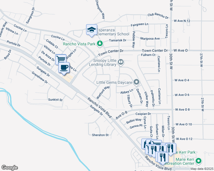 map of restaurants, bars, coffee shops, grocery stores, and more near 40225 Watford Way in Palmdale