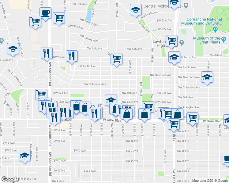 map of restaurants, bars, coffee shops, grocery stores, and more near 1605 Northwest Bell Avenue in Lawton