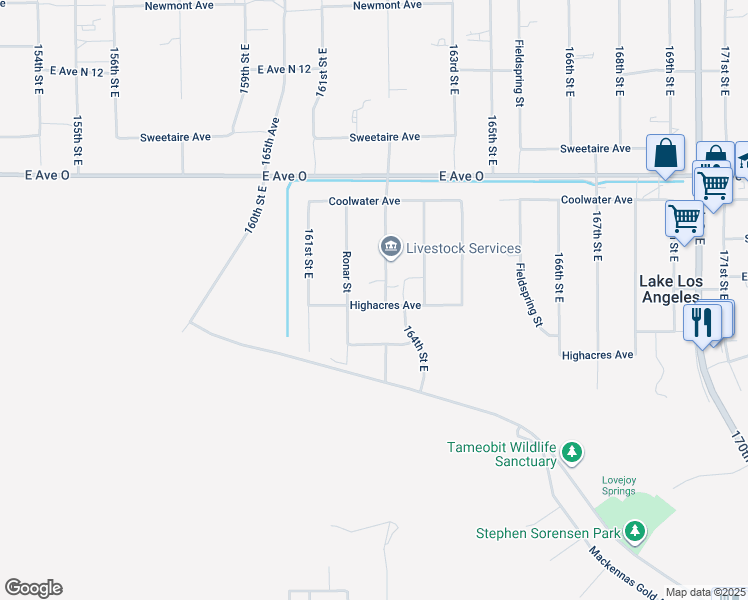 map of restaurants, bars, coffee shops, grocery stores, and more near 40205 162nd Street East in Palmdale