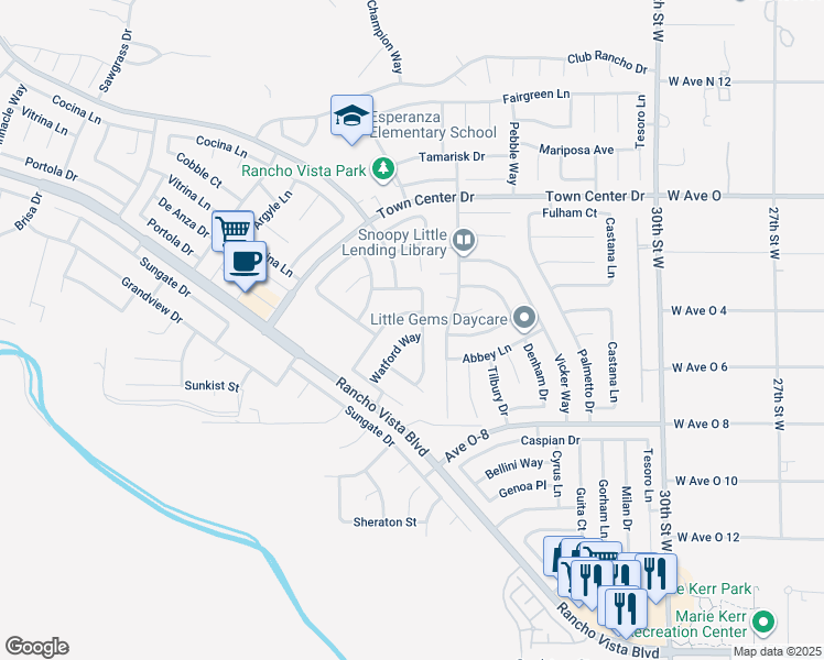 map of restaurants, bars, coffee shops, grocery stores, and more near 40225 Watford Way in Palmdale