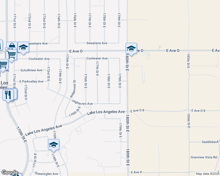 map of restaurants, bars, coffee shops, grocery stores, and more near 40166 178th Street East in Palmdale