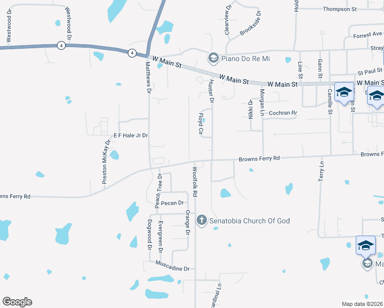 map of restaurants, bars, coffee shops, grocery stores, and more near 104 Gardenview Drive in Senatobia