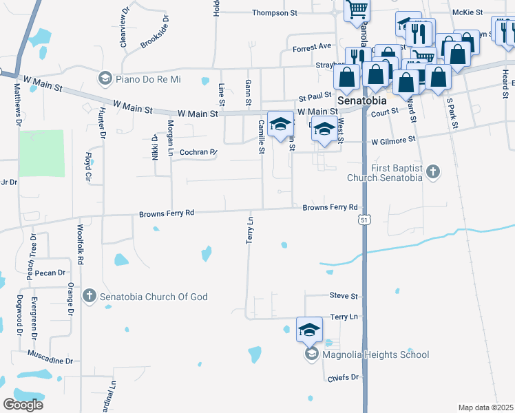 map of restaurants, bars, coffee shops, grocery stores, and more near 512 Camille Street in Senatobia