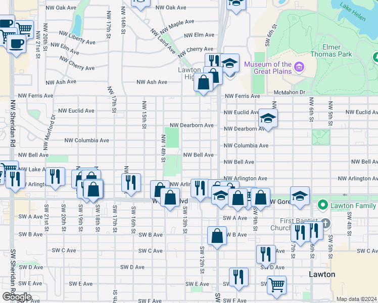 map of restaurants, bars, coffee shops, grocery stores, and more near 1211 Northwest Bell Avenue in Lawton
