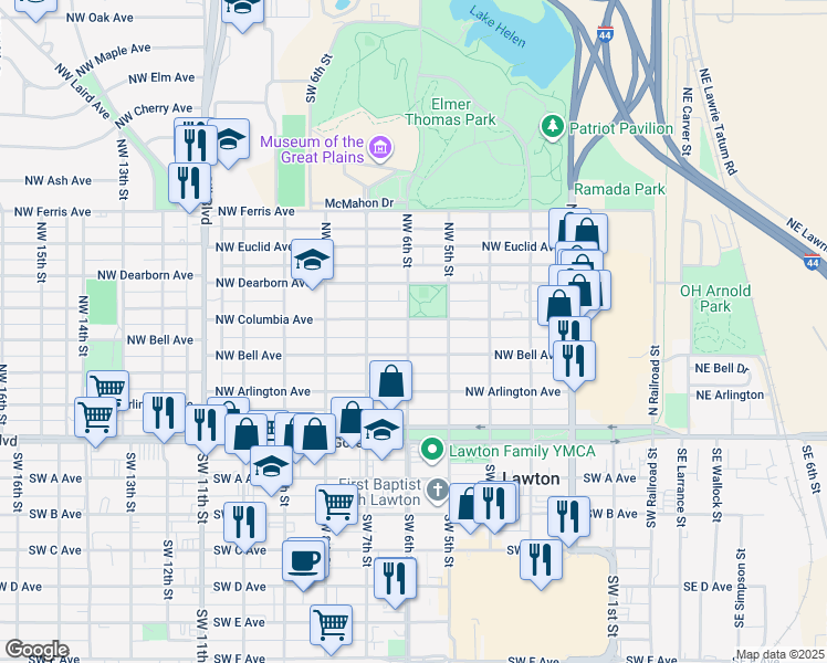map of restaurants, bars, coffee shops, grocery stores, and more near 602 Northwest Columbia Avenue in Lawton