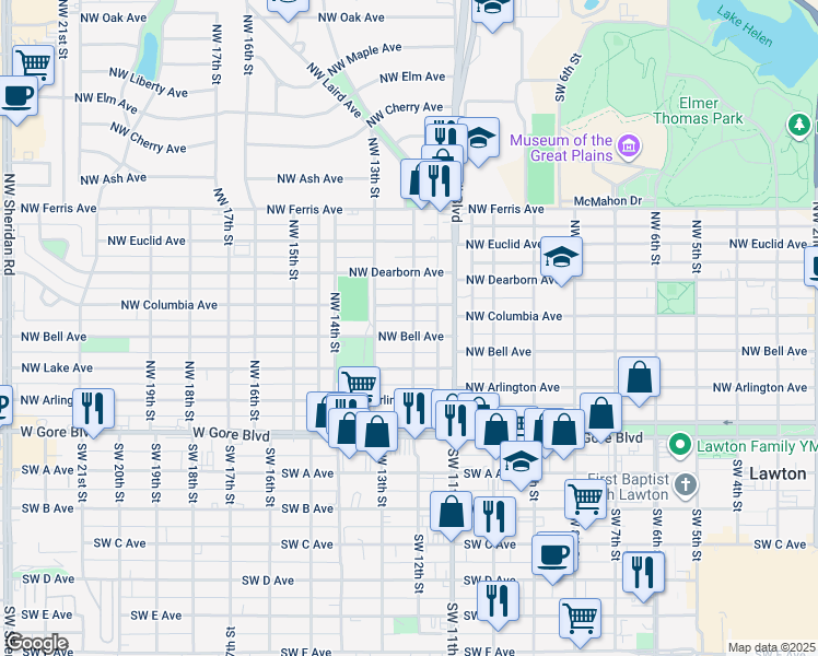 map of restaurants, bars, coffee shops, grocery stores, and more near 1116 Northwest Columbia Avenue in Lawton